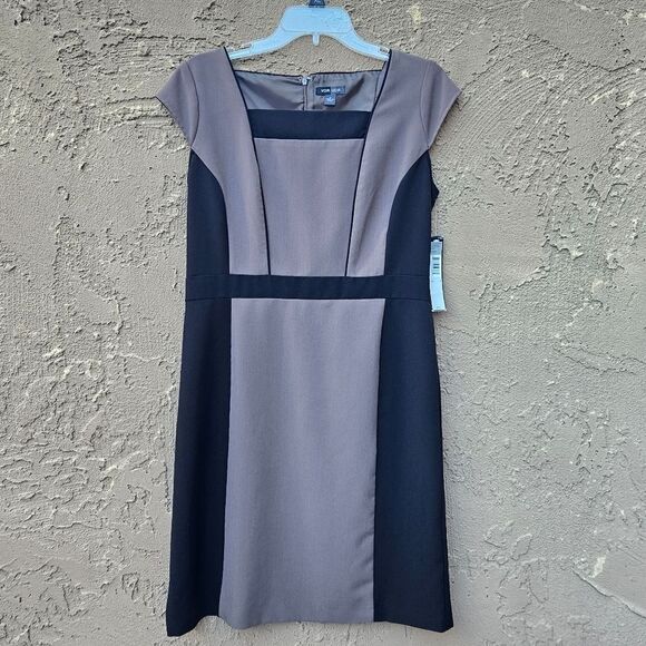 Voir Voir Taupe and Black Cap Sleeve Sheath Dress - Picture 10 of 12